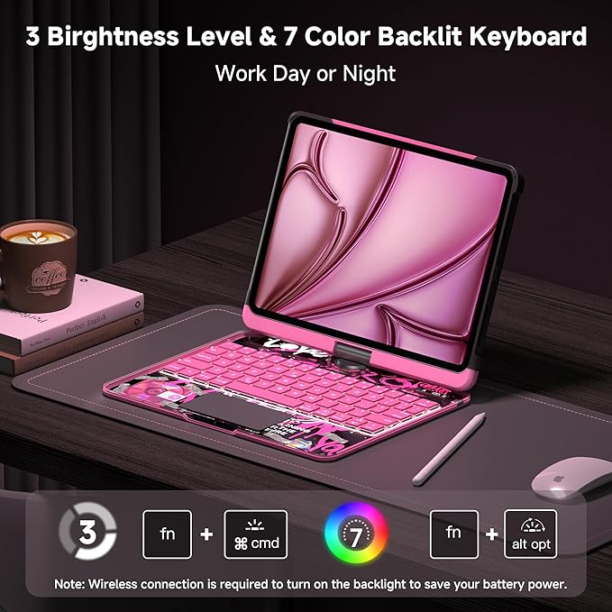 Keyboard Case for 12.9 inch iPad Pro 6/5/4/3rd Gen & 13 inch iPad Air (2025 M3, 2024 M2) Wireless Keyboard with Trackpad 7 Color Backlit, Transparent Protective Cover with Pencil Holder (Pink)