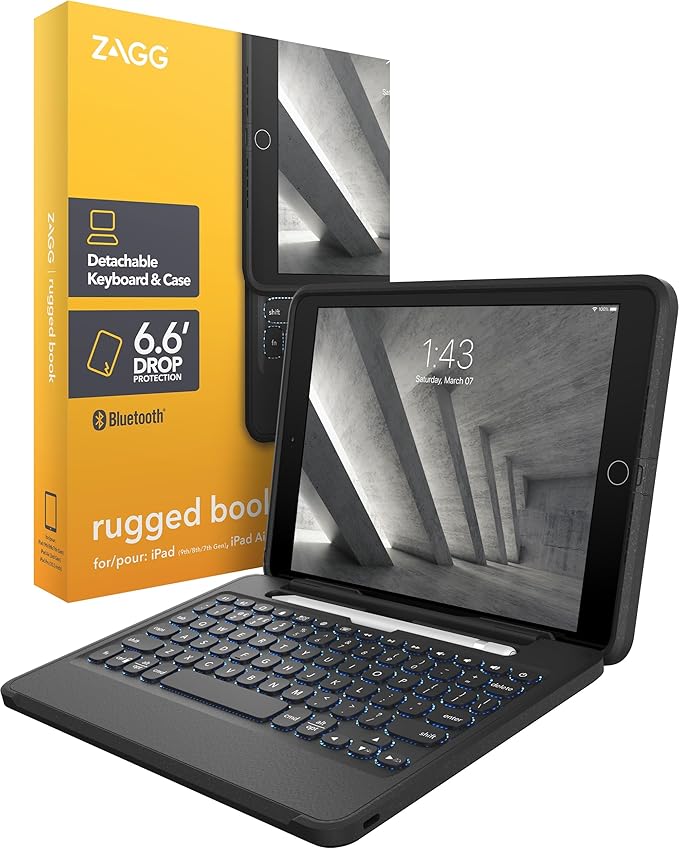 ZAGG Rugged Book iPad Case with Detachable Magnetic-Hinged Keyboard for iPad Air 3, iPad Pro 10.5" & 10.2" (9th Gen), Multi-Device Bluetooth, Apple Pencil Holder, Long-Lasting Battery, Wireless, Black