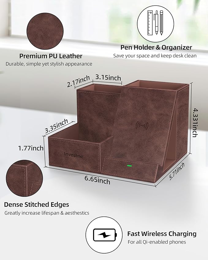 Wireless Charger with Desk Organizer, Pen Pencil Holder, Multifunctional Desktop Organizer, Office Supplies and Desk Accessories Organizer with 3 Compartments and 1 Phone Stand, Dark Brown