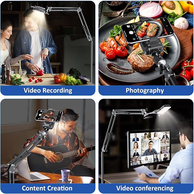 Overhead Phone Tripod for Cooking Videos with Rechargeable Light, Move Around Floor Phone Stand with Ring Light Content Creator Video Recording Selfie Photography TikTok Youtube Compatible with iPhone