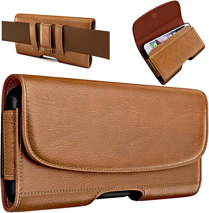 PiTau Holster for Large iPhone Plus, Pro Max Models 16 15 14 13 12 11 Xs Max – Cell Phone Belt Holder Clip Case, ID Card Carrying Pouch (Fits Otterbox Commuter Case) Brown