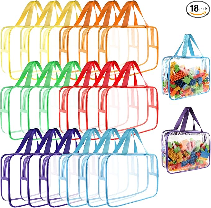 18 Packs Large Toy Storage Bags with Labels, 6 Colors Clear PVC Toy Storage Organizer with Zipper, Waterproof Reuseful Clear Organizer Bags for Building Blocks, Puzzles, Kids Books, Board Game