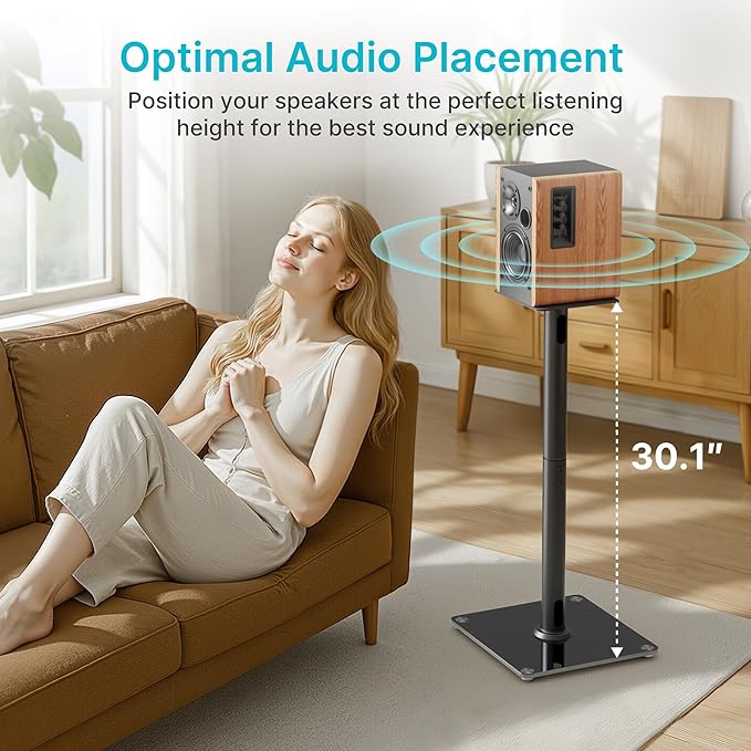 Speaker Stands Pair for Surround Sound,55 LBS Capacity,30.1 inch Floor Bookshlef Speaker Stands,Cable Management,Large Base,1 Pair,Black