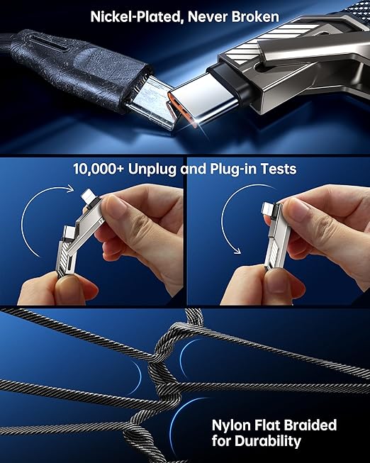 SHEZI 4-in-1 USB C Cable 5FT 90 Degree Fast Charging [480Mbps Data Sync] Flat Nylon Braided Charger Cord Combo, USB A/C to C/L Multi Charging Cable for iPhone 16/15/Samsung & Most Devices, Grey
