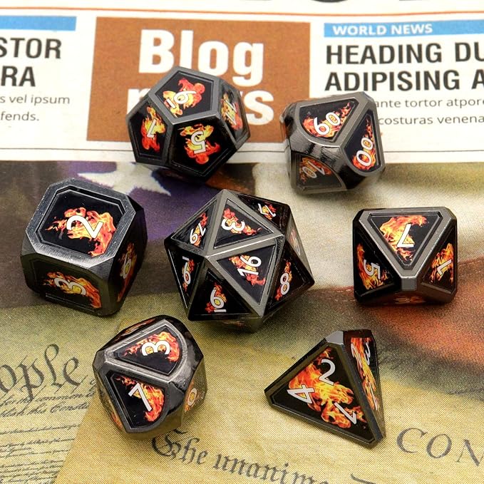 Haxtec Fire Bolt Real Scene Metal DND Dice Set Black Polyhedral Metal Dice for D&D Compatible with Dungeons and Dragons Gifts TTRPG Games-Dark Fire
