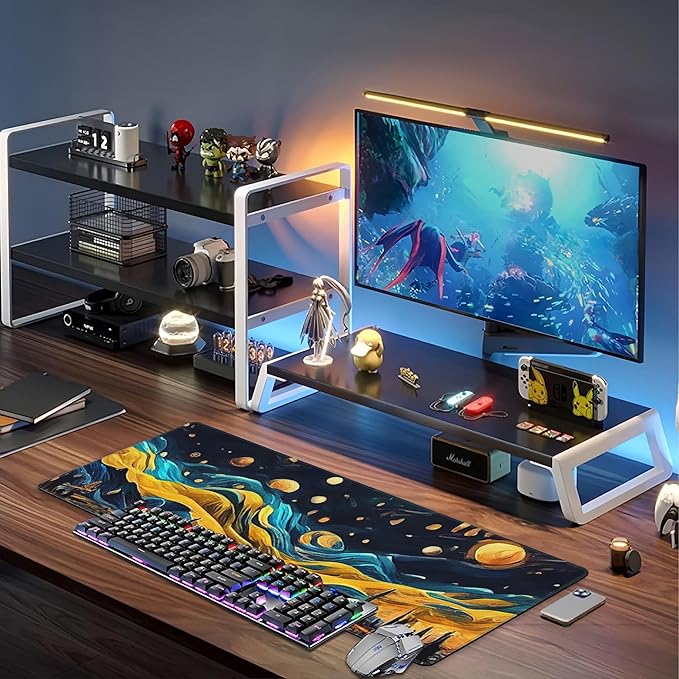The Starry Night Desk Mat,Large Vincent Van Gogh Oil Painting Gaming Keyboard Mouse Pad,Non-Slip Rubber Base Desk Pad Thick Stitched Edges Waterproof Mousepad Mouse Mat 31.5"x11.8"