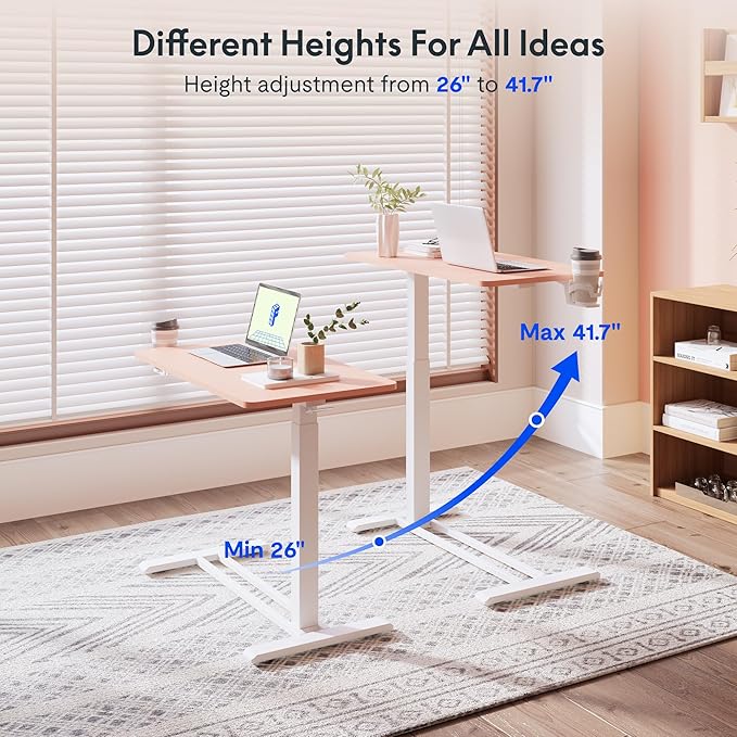 FLEXISPOT Mobile Standing Desk with Wheels Pneumatic Laptop Rolling Computer Cart Movable Height Adjustable Small Sit Stand Desk Computer Workstations Home Use（27.6" W x 15.7" D,Pink