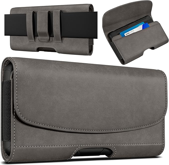 PiTau Holster for iPhone Pro Max & Plus 16, 15, 14, 13, 12, 11, 8, 7, 6, 6s, XS Max, Men's Cell Phone Case with Belt Clip ID Card Holder for Samsung Galaxy S25+, Fits with Case Cover on, Pewter Large