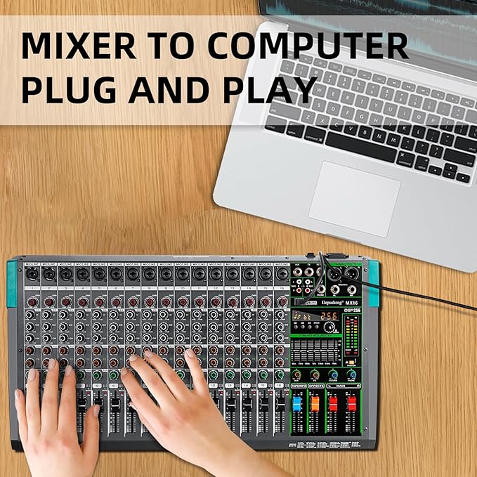 Depusheng MX16 16 Channel Sound Mixer Audio Mixing Console 48V 256DSP Professional USB PC Play Record Podcast Live Broadcast (US MX16)