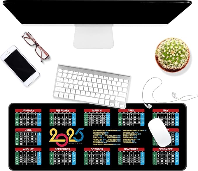 Dynippy Thin Extended Gaming Mouse Pad （31.5 * 11.8 * 0.08 inch） with Stitched Edges Large Mousepad Long XXL Keyboard and Mouse pad Desk Mat for Gaming Office & Home - 2025 Calendar Holidays