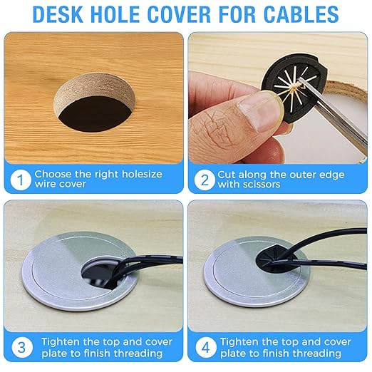 Desk Grommet 2-1/16" (53 mm), Desk Cord Hole Cover, Cable Grommet ABS Plastic, Desk Hole Grommet for Office and Home Table Cable, Detachable Cable Cord Organizer (Silver Sand 4 Pcs)