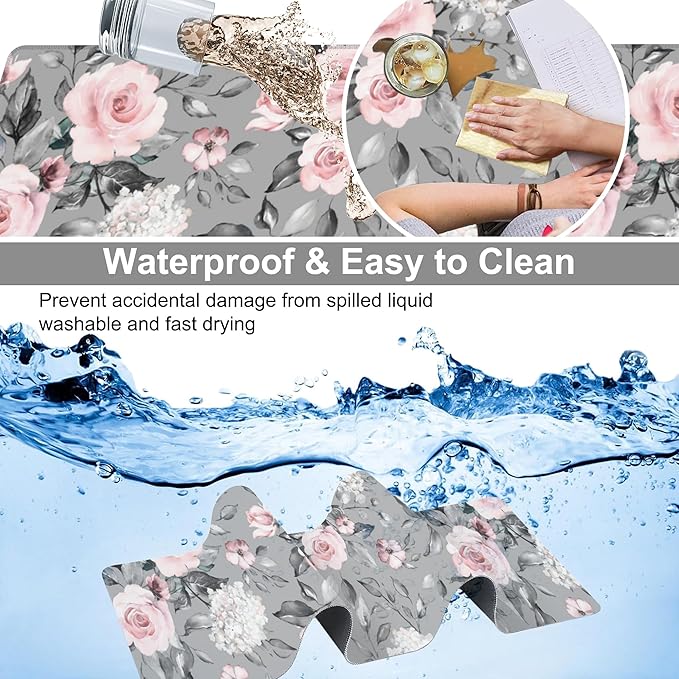 Pink Roses Desk Mat,Large Spring Blooming Flowers and Leaves Gaming Keyboard Mouse Pad,Non-Slip Rubber Base Desk Pad Thick Stitched Edges Waterproof Mousepad Mouse Mat 31.5"x11.8"