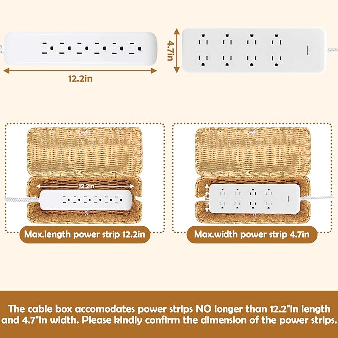 Cable Management Box, Handmade Imitation Rattan Cord Cable Organizer, Cable Raceway Open Slots Cords Hider Box for Computer Router USB Hub & Power Strip