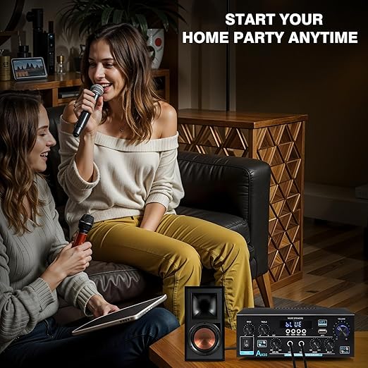 AK55 Stereo Amplifier Home Audio, Bluetooth 5.0 Max 450W Power Stereo Receivers 2.0 Channel Audio Amplifier for Speaker W/Remote Control/AUX/RCA/Echo/USB/2 MIC in for Home Party, Karaoke