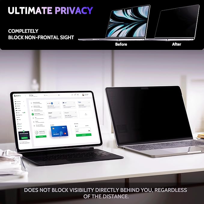 Privacy Screen for MacBook Air 13.6/13 Inch (2022-2025, M2, M3, M4) - A2681, A3113, A3240 MagicSuction™ Removable Anti Spy Black Protector, Glare Blue Light Filter for Mac Laptop Computer