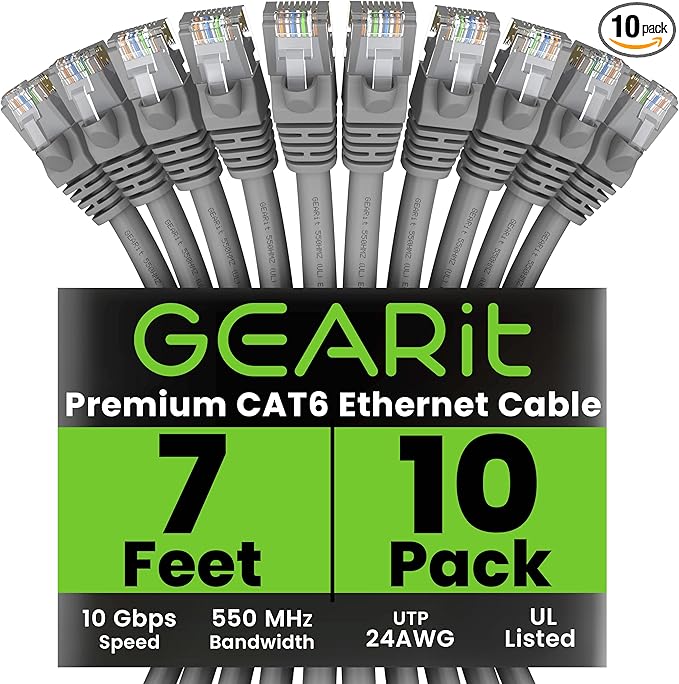GearIT Cat 6 Ethernet Cable (10-Pack 7 Feet) Cat6 Network Patch, 10Gbps, RJ45, Snagless Cord, Gold-Plated Connectors, Internet for PC, TV, Tablet, Router, Printer, Servers, IT Data Center - Gray