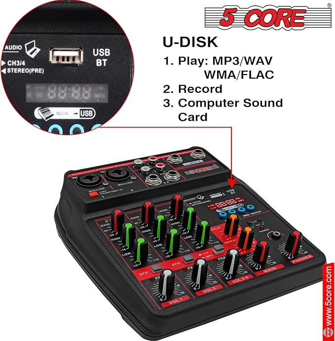 5 Core Audio Mixer 4 Channel DJ Mixing Board Small Bluetooth USB Analog Mezclador De Audio w Phantom Power Console for Live Recording Podcast Karaoke PARENT MX 4CH (Black)