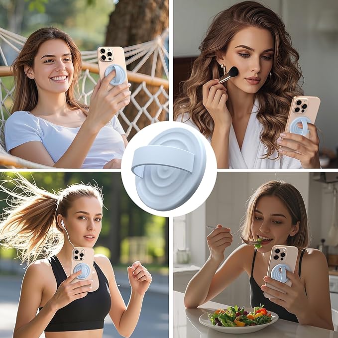 Magnetic Phone Ring Grip Holder, Silicone Finger Loop Grip, Compatible with MasSafe, Back of Phone for iPhone Pro Max/Plus/16/15/15/14/13/12 Series, Baby Blue
