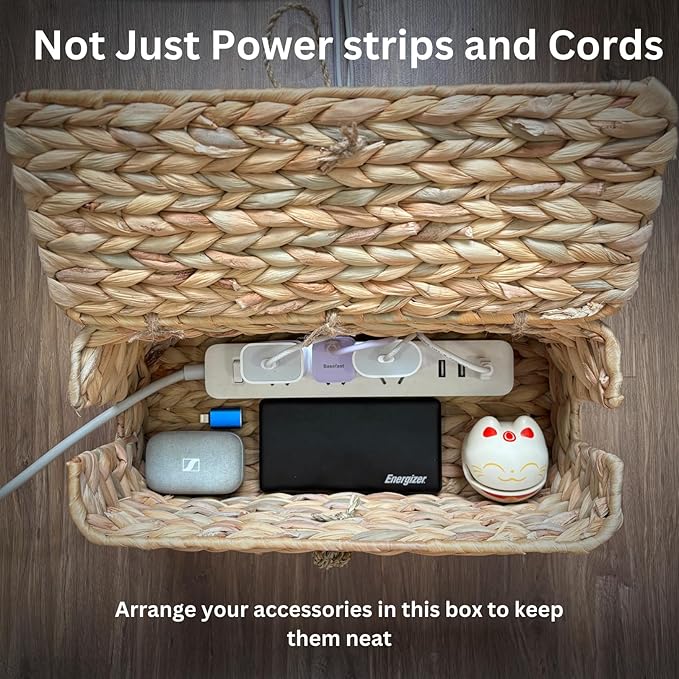 Wicker Cable Management Box with Lid, Set of 2 Handwoven Water Hyacinth Cords Hider Boxes for TV, Computer, Router, USB Hub to Hide Cords & Power Strip for Desk, Floor, Office