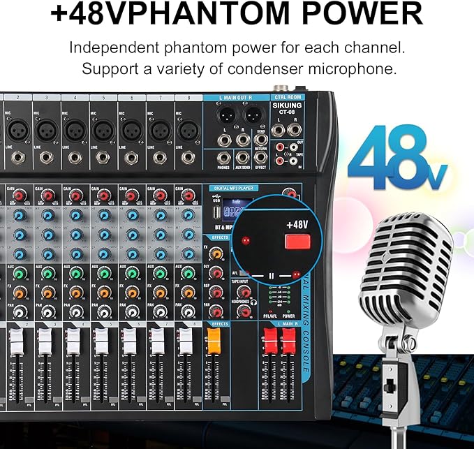 8 Channel Audio Mixer Sound Board Mixer 16 DSP Effect Audio Interfacer w/USB Drive for Computer Recording, 48V Power, XLR Microphone Jack DJ Mixer for Karaoke Studio Streaming Recording