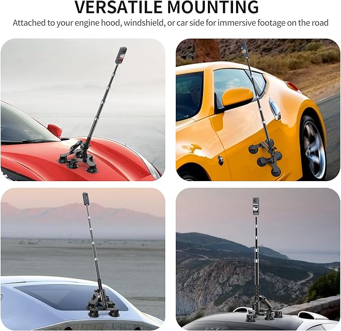 Suction Car Mount for Insta360 x5/X4/X3/X2/GO 3/ONE/GoPro Max-59 Lockable Anti-Fall Selfie Stick with 5 Suction Cups, 3-Person Car Camera Mount for 360° Action Vlog Cameras, DSLR (Indoor & Outdoor)