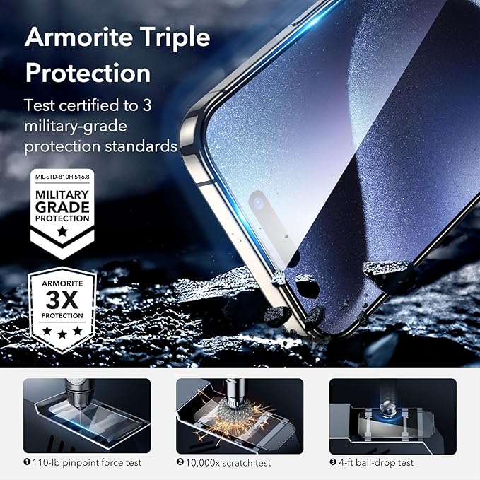ESR 3+2 Pack for iPhone 15 Pro Max Screen Protector, [9H Hardness] [Military Grade Shatterproof] Full Coverage Ultra-tough Tempered Glass Film, Easy Installation Frame, 2 Set of Camera Lens Protector