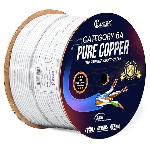 Newyork Cables | Cat6A Plenum (CMP) Cable 1000ft, 750MHz, PoE++ (4PPoE) | 100% Solid Bare Copper 10GB High Speed Ethernet Cable | 23AWG 4 Pair (UTP) Solid Conductors Available in 7 Colors (White)