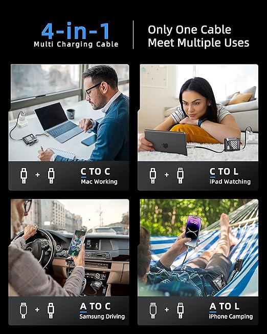 [ Retractable] 4-in-1 Compatible with USB C to Lightning Cable, 60W High-Speed Charging & Fast Data Transfer,CarPlay & Android Auto Support Multi Charger Cord Combo for iPhone/Samsung/iPad,3FT