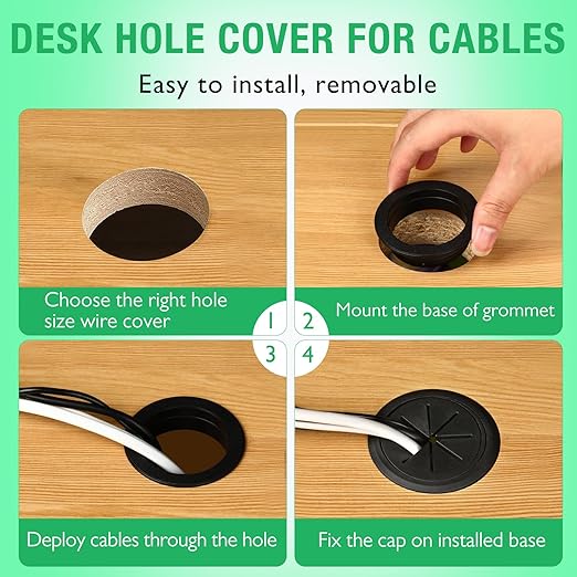 2 Pcs Desk Grommet 3-1/8" / 80 mm, Desk Hole Cover for Cables Black, Cable Grommet ABS Plastic, Desk Hole Grommet for Home & Office Pc, Detachable Cable Cord Organizer