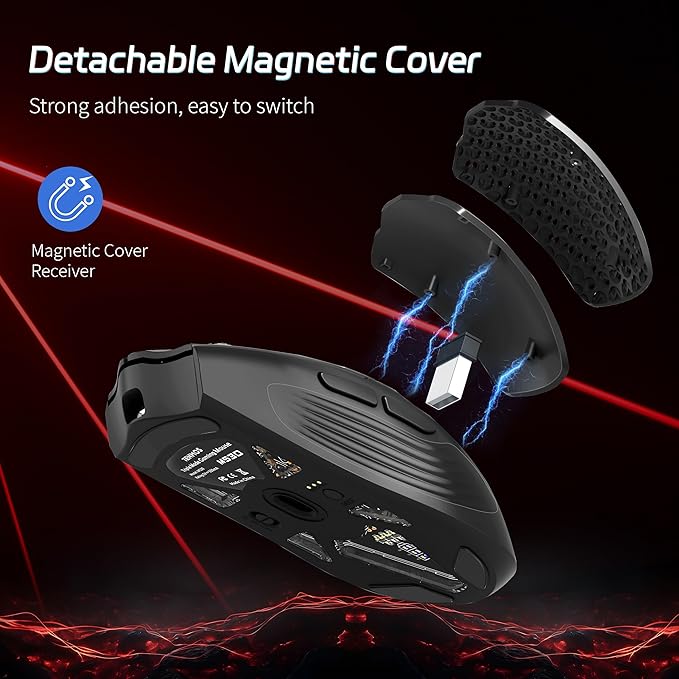 TENMOS M530 Wireless Gaming Mouse, 2.4G/Bluetooth/USB C Wired Rechargeable Mouse, 12000 DPI, RGB, 6 Programmable Buttons, Honeycomb Magnetic Cover, with Receiver Extender for Laptop/PC/Mac, Black