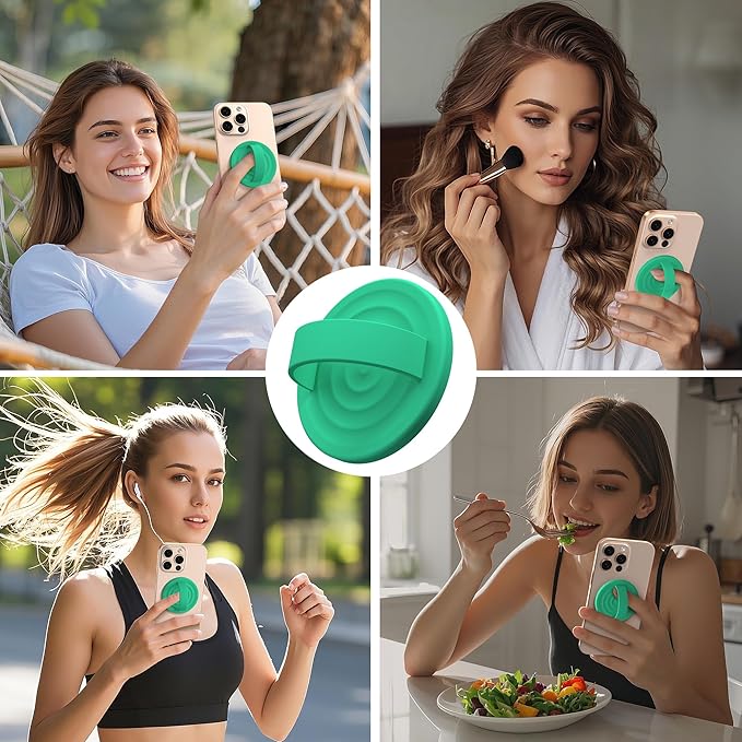 Magnetic Phone Ring Grip Holder, Silicone Finger Loop Grip, Compatible with MasSafe, Back of Phone for iPhone Pro Max/Plus/16/15/15/14/13/12 Series, Emerald Green