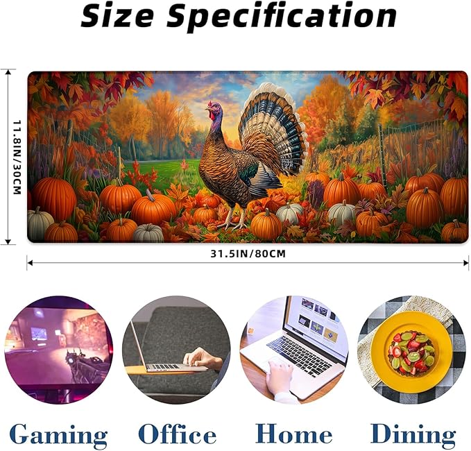 Autumn Turkey Gaming Mouse Pad, Pumpkin and Fall Leaf Mousepads for Gaming Home Office Work, Extended Mats Computer Keyboard Laptop, 31.5×11.8 Inch Large Desk Mat with Non-Slip Rubber Base