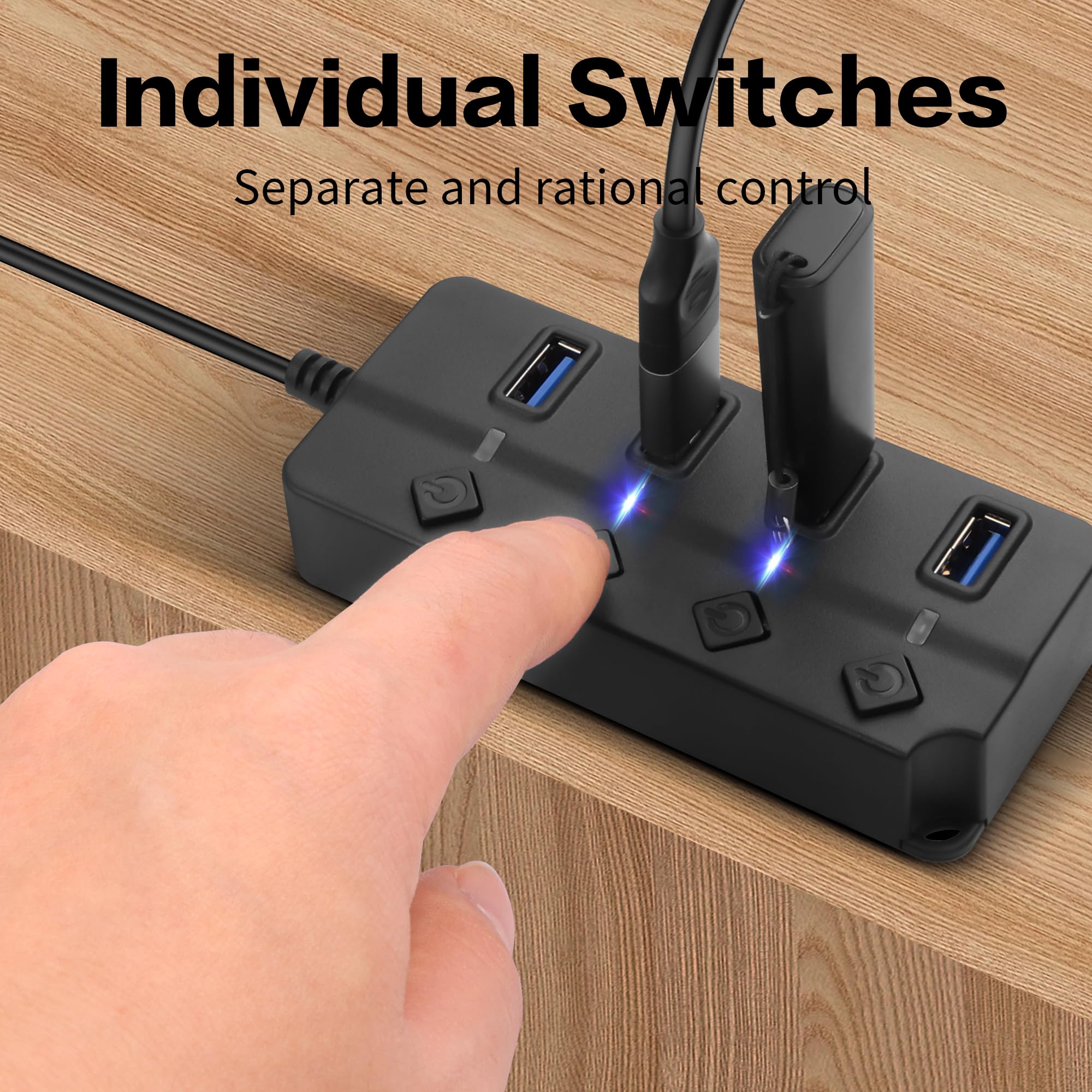 90 Degree USB Hub Splitter YACSEJAO USB 2.0 Data Hub with Individual LED Button On/Off Switch DC5.5 * 2.1 Power Port for Laptop,PC Computer (4 Ports, 0.3M)