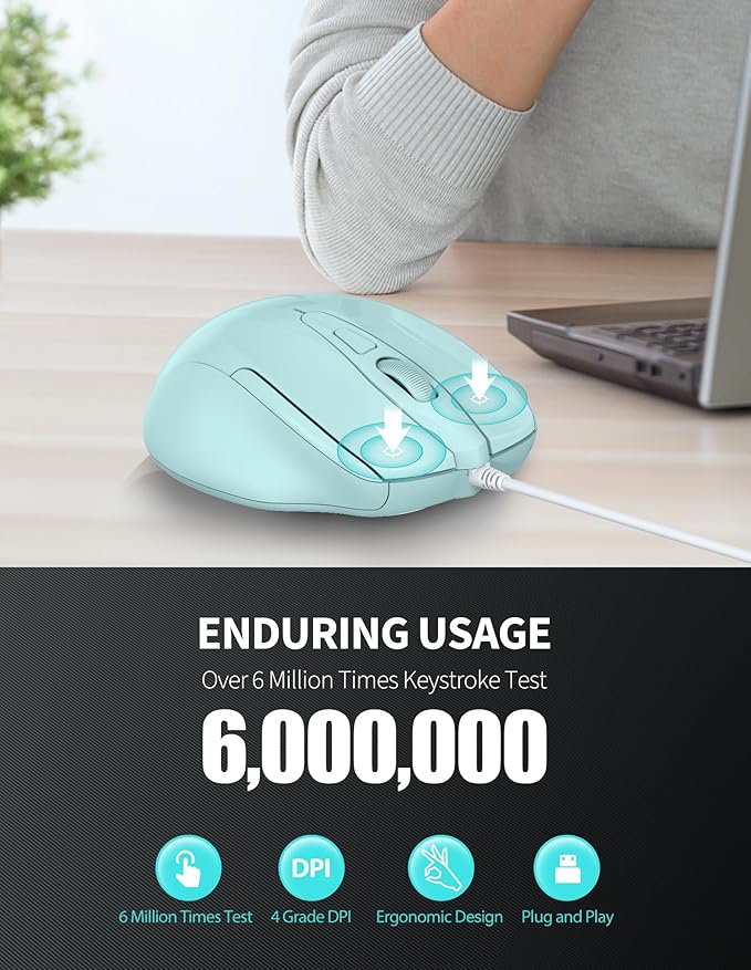 TECKNET Wired Mouse, 6-Button Corded with 4 Adjustable DPI, Ergonomic Optical Mouse, 5FT Cord for Laptop, Chromebook, PC, Desktop, Mac, Notebook - LT.Green