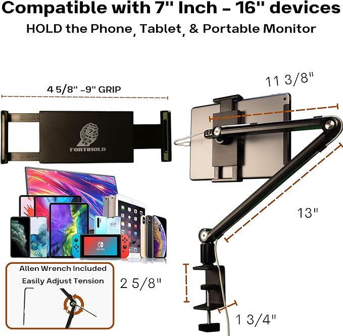 Portable Monitor Stand 16 Inch - Heavy Duty Aluminum Adjustable Monitor Mount with Articulating Arm, 360° Rotation, Cable Management - Professional Desk Setup for Tablets, Phones 4.7-16"
