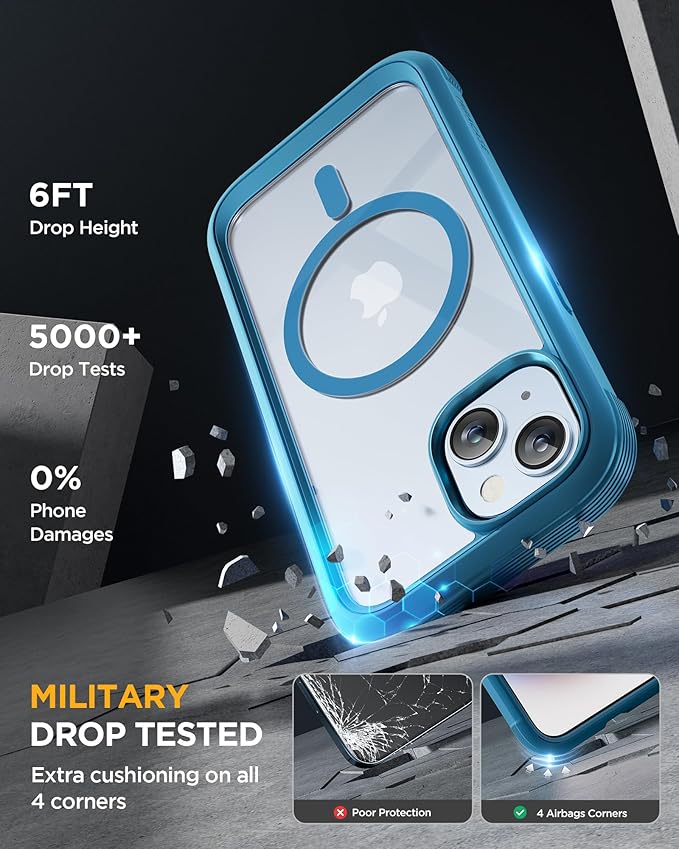 Miracase Magnetic for iPhone 15 Plus Case 6.7'' [Compatible with Magsafe] Full-Body Military Drop Proof 15 Plus Phone Case Cover with Built-in 9H Tempered Glass Screen Protector,Magnetic Blue