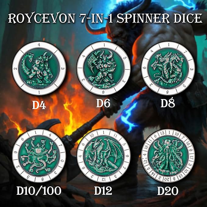 7 in 1 D6 Spinner DND Dice Set D&D, Metal Cube D and D Dice with Gift Box, Dungeons Dragons Role Playing Dice, Black Green