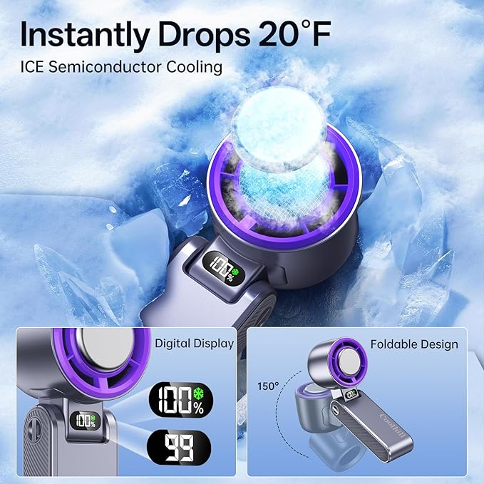 Handheld Portable Fan with Ice Cooler: 100-Speed 5500mAh Rechargeable Handheld Fan, 12H Time Hand Cooling Personal Fans with 20000 RPM Air Turbo Tech for Travel Outdoor (Purple)