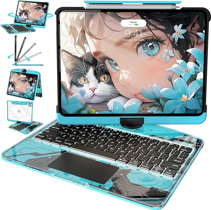 Intermerge Clear Keyboard Case for iPad Pro 11" (M4) 2024 Only, 360° Swivel Multi-Touch Trackpad, 7-Color RGB Backlit, Pencil Holder, Type-C, Power Indicator, Aqua Pulse