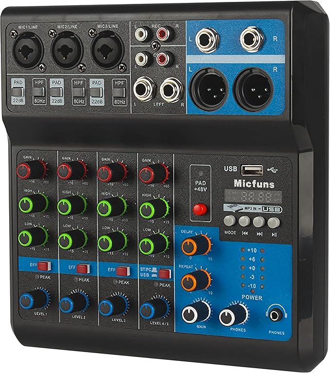 Mini audio DJ mixer Sound Board Console System,5 Channel 48V Phantom Power with Bluetooth USB MP3 Stereo live DJ Studio Streaming for professional recording party KTV stage