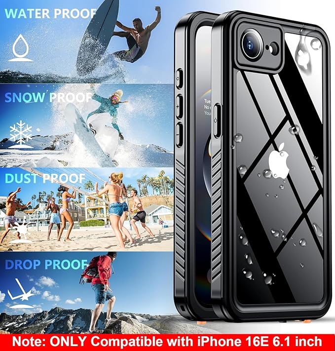 SPIDERCASE for iPhone 16e Case Waterproof,Built-in Screen & Camera Lens Protector[IP68 Underwater] Full Body Protection Phone Case for iPhone 16e 6.1'', Black/Clear