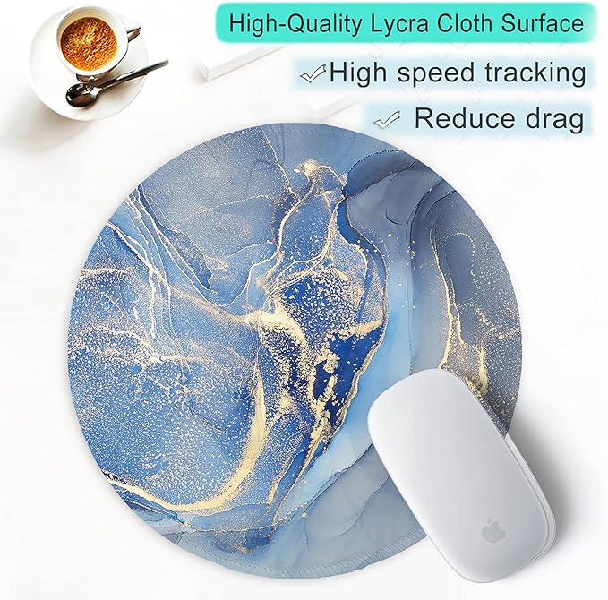 ITNRSIIET Round Mouse Pad with Stitched Edge Premium-Textured Waterproof Non-Slip Rubber Base Desktop Protection Mat Diameter 8.7 inches, Blue Marble Texture