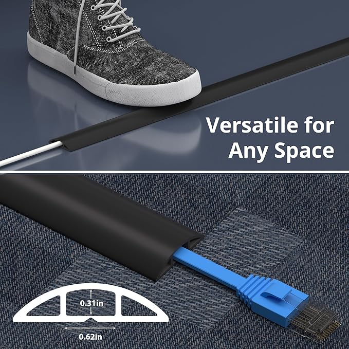 ZhiYo 5.6ft Cord Covers for Wires on Floor, Cord Hider Floor Hide Extension Cords, Soft PVC Cable Cover Cable Protector, Wire Cavity W0.62in H0.31in, Black