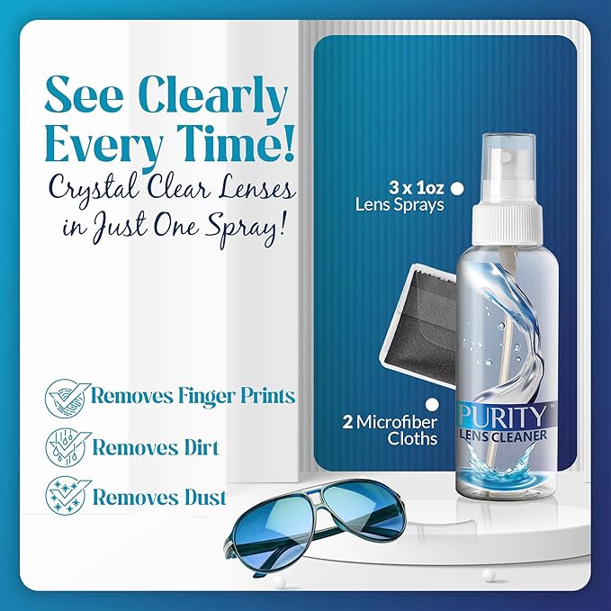 Purity Eyeglass Lens Cleaner Kit - 3 x 1oz Travel Size Lens Cleaner Spray Bottle + 2 Microfiber Cleaning Cloths - Safe for All Lenses (AR Coated Included), Eyeglasses and Screens - Clear