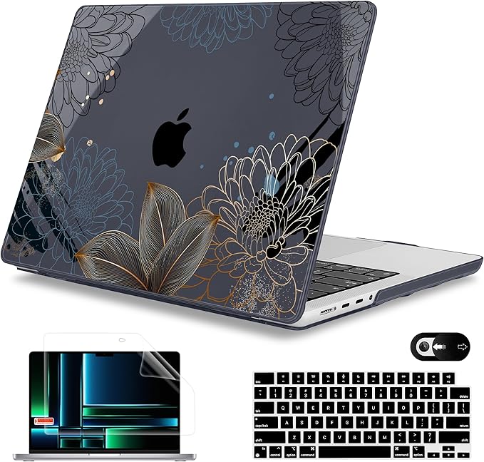Mektron Case for MacBook Pro 16" M4 A3403 A3186 M3 A2991 M2 A2780 M1 A2485 (2021/2023/2024) Pro/Max with Touch ID, Hard Shell Plastic Laptop Cover Keyboard Cover Screen Protector, Line Chrysanthemums