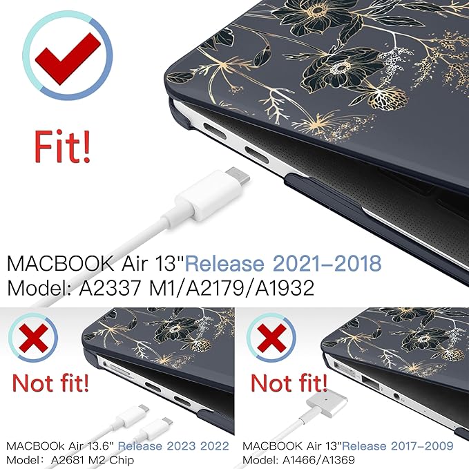 MEEgoodo for MacBook Air 13.3 inch Case 2021 2020 2019 2018 A2337 M1 A2179 A1932, Case for MacBook Air M1, Hard Shell with Keyboard Webcam Cover & Trackpad Film & Type C Adapter,Golden Flowers & Herbs