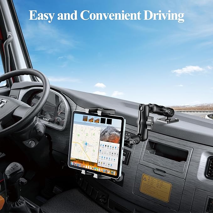 OHLPRO Heavy Duty Drill Base Tablet Mount Holder, 360° Adjustable iPad Mount Truck Dashboard, 3-Stage Stand for 5-13" iPad Pro Air Mini Galaxy Tab Switch, Tablet Vehicle for Car Wall Desk