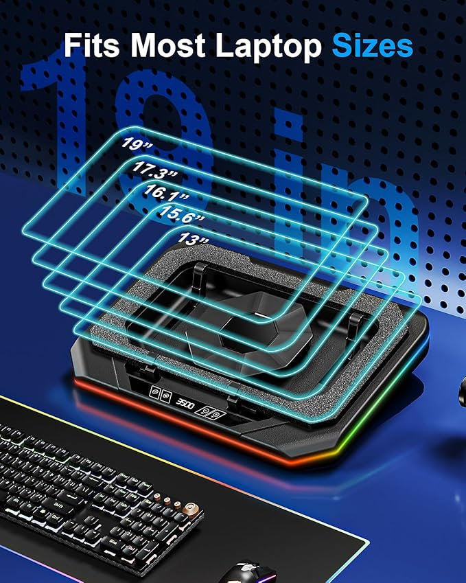 MOUNT PRO Gaming Laptop Cooling Pad, RGB Laptop Cooler Stand with Powerful Turbofan (3500 RPM), Height Adjustable Laptop Fan Cooling Pad for 13-19 Inches Notebook, with Sealed Foam, Touch Control