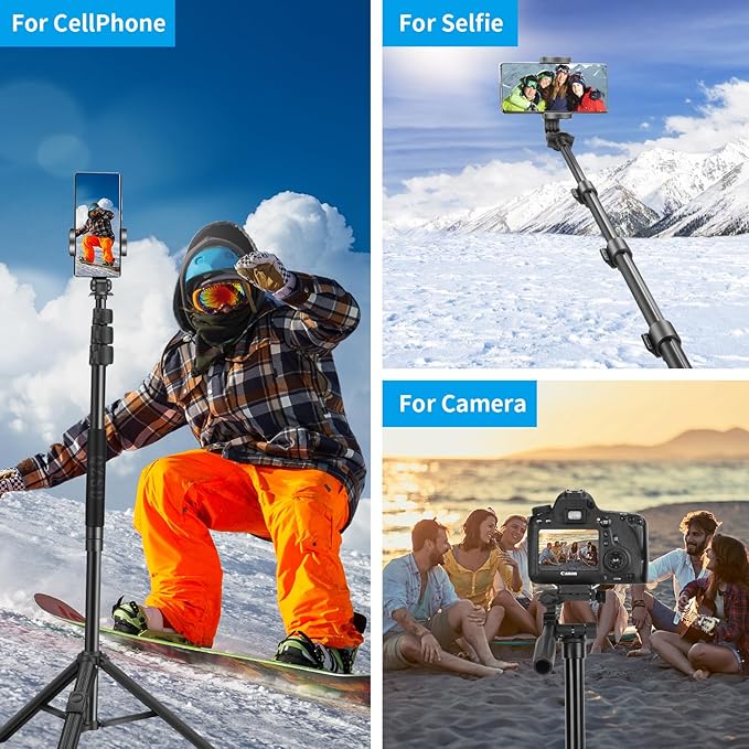 64" Phone Selfie Stick Tripod - Extendable 3 in 1 Aluminum Cell Phone Tripod Stand with Wireless Remote, Lightweight Phone Holder, Portable Travel Tripod for Phone Camera