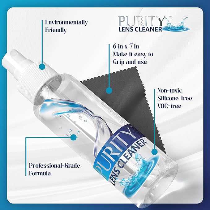 Purity Eyeglass Lens Cleaner Kit - 2 x 8oz and 1 x 2oz Lens Cleaner Spray Bottle + 2 Microfiber Cleaning Cloths - Safe for All Lenses (AR Coated Included), Eyeglasses and Screens - Clear